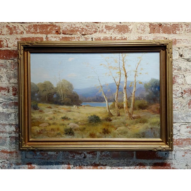 Quaint Pastoral Landscape by the Lake -19th Century Oil Painting For Sale - Image 10 of 10