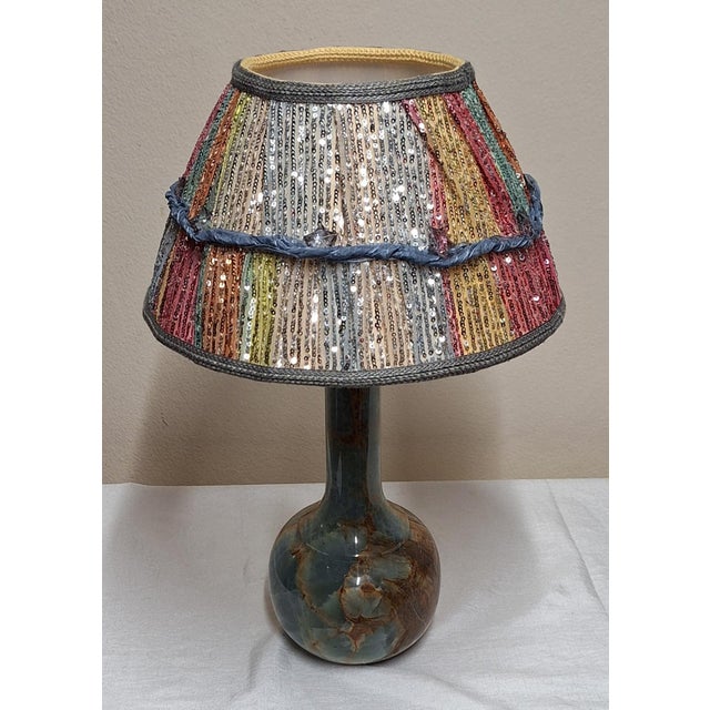 Table Lamp with Blue-Brown Marble Base and Handmade Fabric Shade, 1970s For Sale - Image 6 of 11
