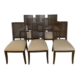 Frontgate Georgia Cane Hardwood (Mink) With Ivory Performance Linen Dining Side Chairs - Set of 8 For Sale
