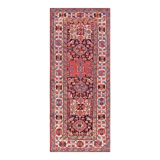 1890s Brown Geometric Tribal Antique Caucasian Kazak Rug 3'6" X 9'2" Handknotted Wool Carpet For Sale