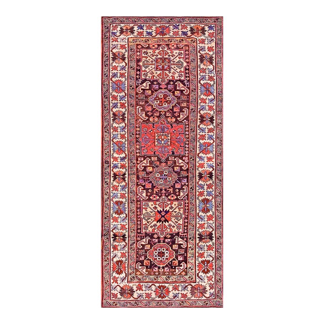 1890s Brown Geometric Tribal Antique Caucasian Kazak Rug 3'6" X 9'2" Handknotted Wool Carpet For Sale