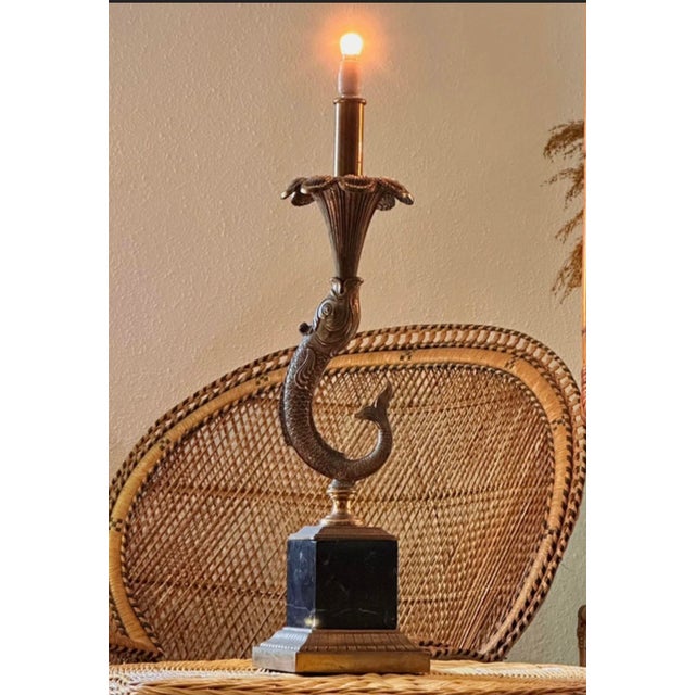 Vintage Table Lamp with Bronze Dolphin on Black Marble Base, 1950 For Sale - Image 9 of 14