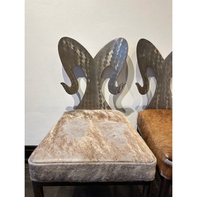 Contemporary 1990s Custom Steel Ram Back Pair of Accent Chairs Upholstered in Cowhide For Sale - Image 3 of 9
