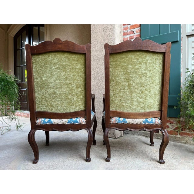 Pair Antique French Dining Arm Chairs Louis XV Carved Oak Blue Persian Textile For Sale - Image 9 of 18