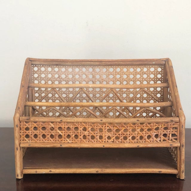 Vintage Mid-20th Century Wood & Cane Desk Organizer For Sale - Image 4 of 12