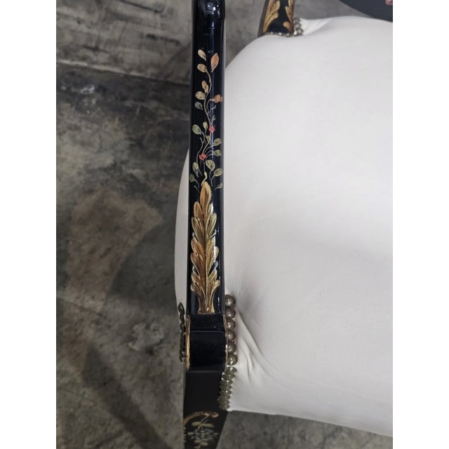 Late 20th Century Pair of Karges Hepplewhite Plum Arm Chairs Ebonized, Carved Hand Painted Leather Fabric For Sale - Image 10 of 14