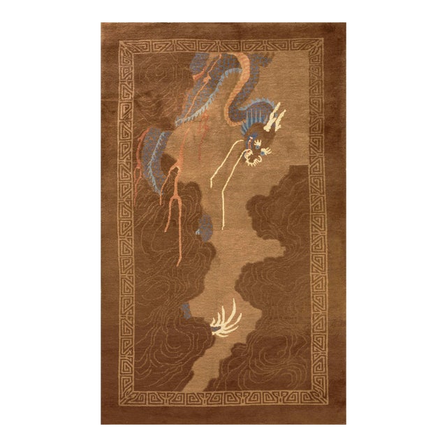 Magnificent Brown Earth Tone Color and Majestic Chinese Dragon Design in Light Blue and Ivory Antique Chinese Peking Rug For Sale