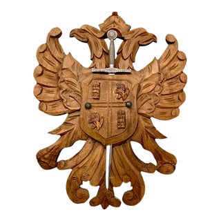 Late 20th Century Shield Double Headed Eagle Hand Carved Wood With Sword Plaque Vintage Coat Arms For Sale