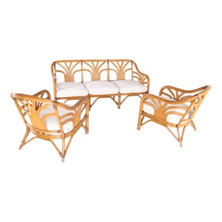 Floral Palm Rattan Lounge Set, 1970s, Set of 3 For Sale
