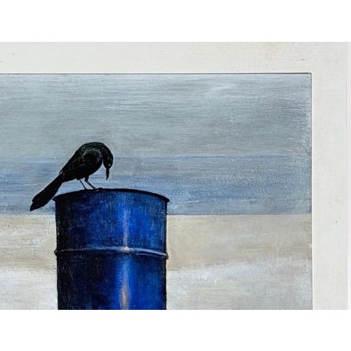 Wood Original 1970s Pacific Northwest Oil on Board Painting Crow on Blue Drum by William Bill Sharp For Sale - Image 7 of 13
