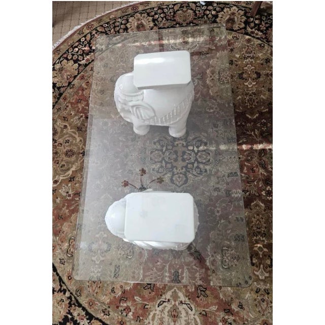 Chinoiserie 2 Vintage Hollywood Ceramic White Elephant With Glass Top For Sale - Image 3 of 3