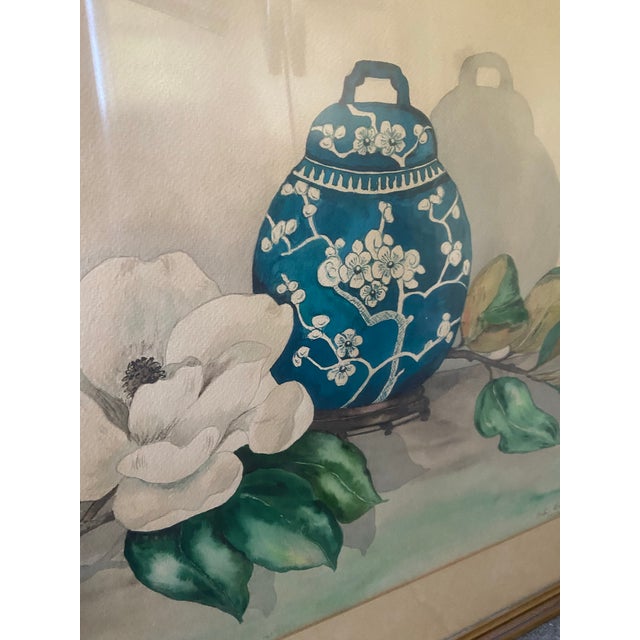 Large charming mid-century watercolor still life by Nita Bradley, dated 1952. This delicate composition features a white...