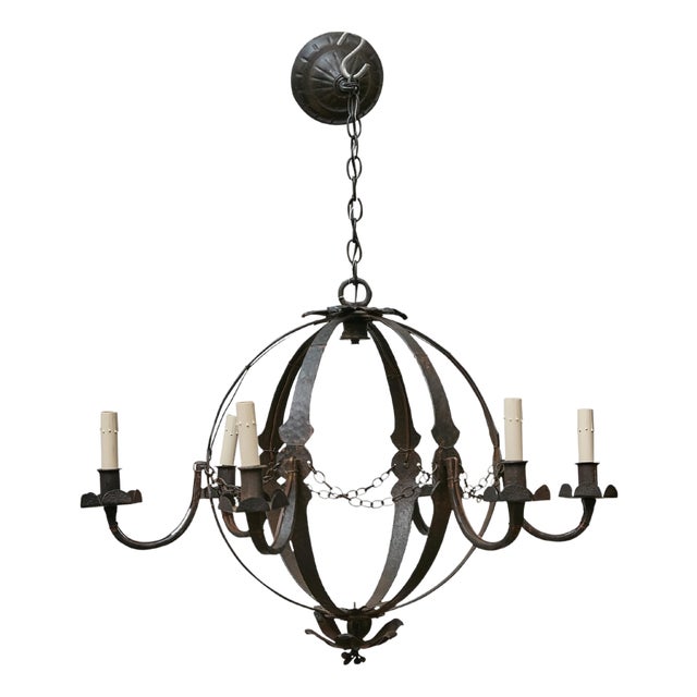 French Wrought Iron Globe Chandelier with Six Scrolling Arms, Circa 1900 For Sale