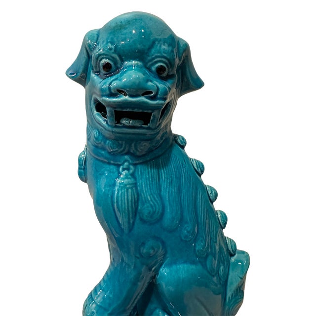 Mid 20th Century Large MCM Turquoise Glazed Foo Dog Guardian Sculpture For Sale - Image 5 of 12