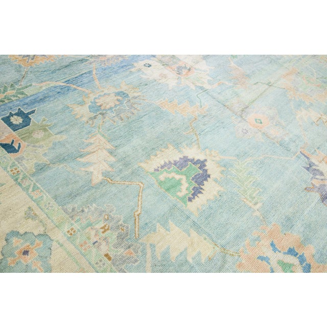 Modern Turkish Oushak Blue Handmade Floral Oversize Wool Rug For Sale - Image 10 of 11