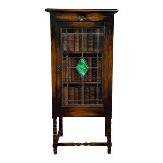 Antique English Arts & Crafts Oak Leaded Stained Glass Bookcase Cabinet c.1930s For Sale
