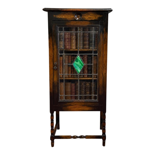 Antique English Arts & Crafts Oak Leaded Stained Glass Bookcase Cabinet c.1930s For Sale