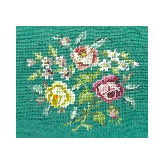 Farmhouse Vintage English Roses Green Needlepoint Pillow For Sale - Image 3 of 5