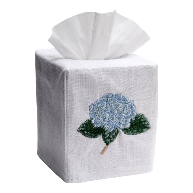 Blue Hydrangea Tissue Box Cover White Linen & Cotton, Embroidered For Sale