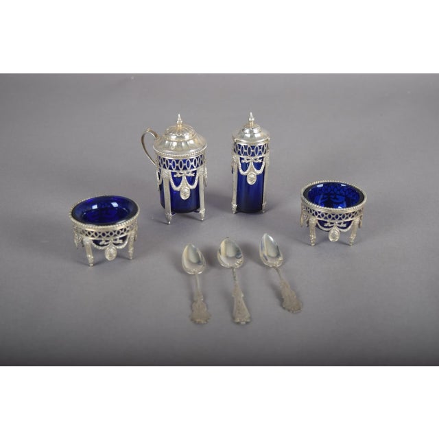 Antique Silver-Mounted Cobalt Blue Glass Condiment Set, 1900, Set of 7 For Sale - Image 3 of 18