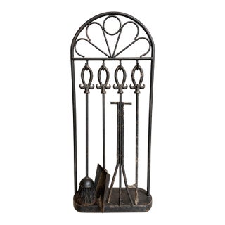 Rustic Farmhouse Fireplace Tool Set 4 Piece Black Hearth Stand For Sale