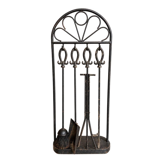 Rustic Farmhouse Fireplace Tool Set 4 Piece Black Hearth Stand For Sale