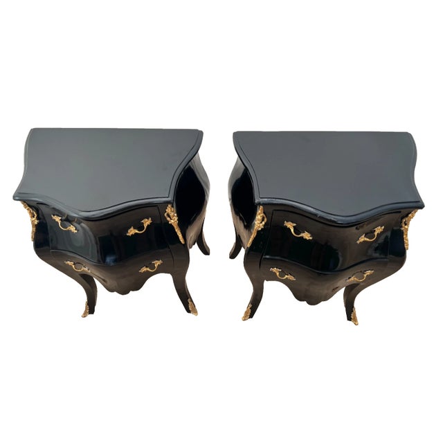 Wood Vintage Pair French Nightstand Tables Two Drawers Black Lacquer Marble, Ormolu For Sale - Image 7 of 12