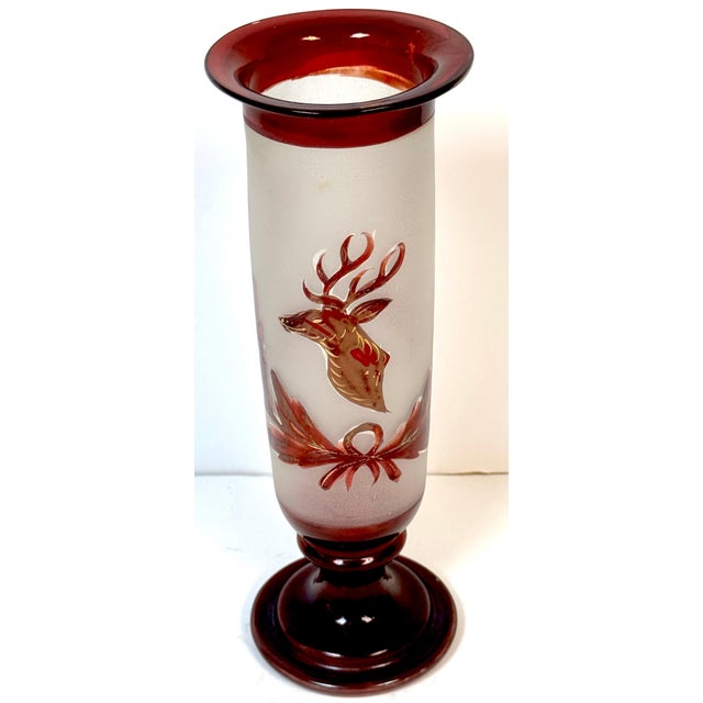 19th Century Red Bohemian 8-Point Stag Hunt Motif Trumpet Vase Austria, Circa 1890 This exquisite 19th-century Red...