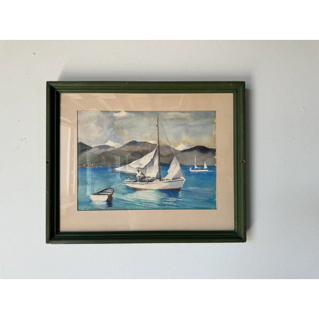 Mid-Century Modern 1970's Vintage Watercolor Fishing Boat Nautical Landscape Painting, Framed For Sale - Image 3 of 11