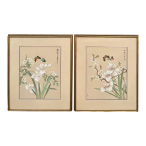 Chinese Watercolor Gouache Floral Butterfly Paintings in Gold Frame- a Pair