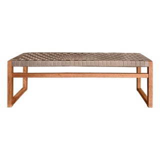 Modern Teak Bench With Woven Leather Attributed to Edward Smith For Sale