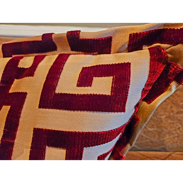 retangular throwpillow, clarence house greek key cut velvet, chocolate brown on tan, 1/2" flange trim, hidden zipper,...