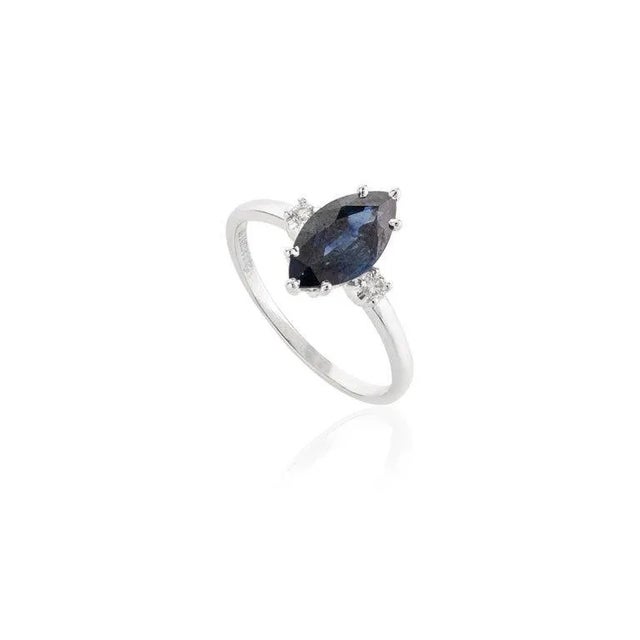 Art Deco 14k White Gold Marquise Cut Blue Sapphire Diamond Ring Size 7 For Sale - Image 3 of 12