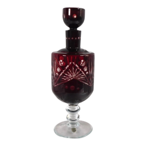 1940s Footed Dark Red Cut to Clear Decanter With Matching Stopper