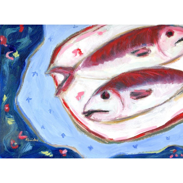 Wood Hockney Inspired, Two Fish on Blue, Still Life Pop Art Oil Painting by Alexandra Swistak For Sale - Image 7 of 7