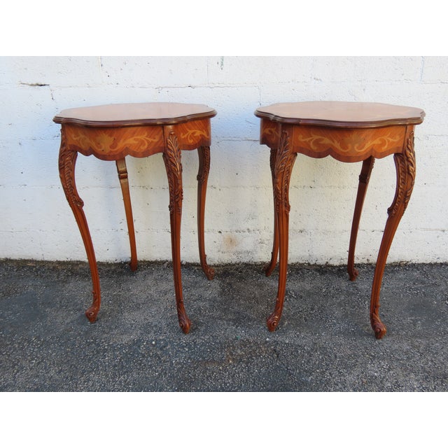 Early 1900s French Carved Inlay Round Side End Tables a Pair 6375a For Sale In Miami - Image 6 of 14