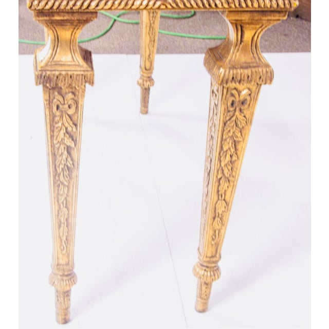 French 1960s Elegant Louis XVI Style Giltwood Marble-Top Console / Sofa Table With Hand-Carved Foliate Detail For Sale - Image 3 of 5