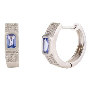 14k White Gold Blue Sapphire and Diamond Huggie Hoop Earrings- 2 Pieces For Sale