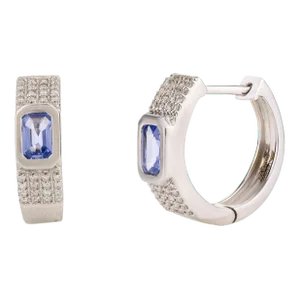 14k White Gold Blue Sapphire and Diamond Huggie Hoop Earrings- 2 Pieces
