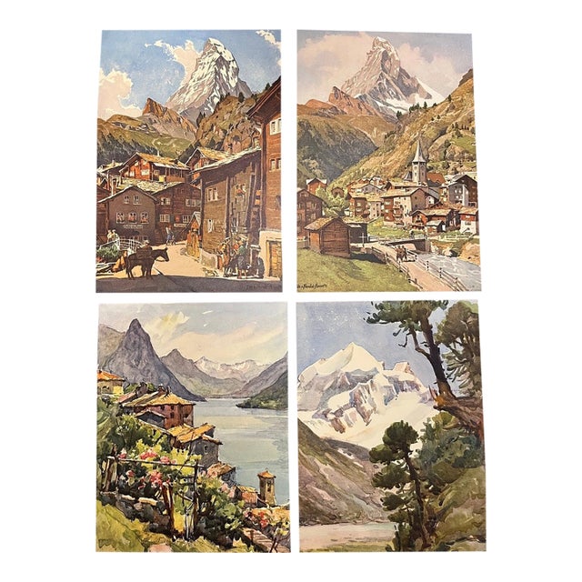 Vintage Swiss Alps Art Prints - Zermatt Matterhorn Gandria Rosegtal - Set of 4 For Sale