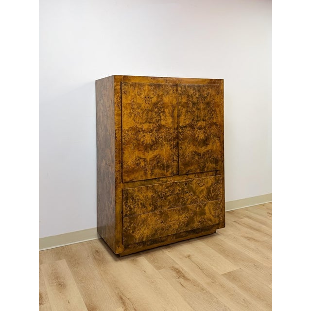 Mid-Century Modern Vintage John Stuart MCM Burlwood Tallboy Armoire, Drawers and Doors, Collectable For Sale - Image 3 of 11