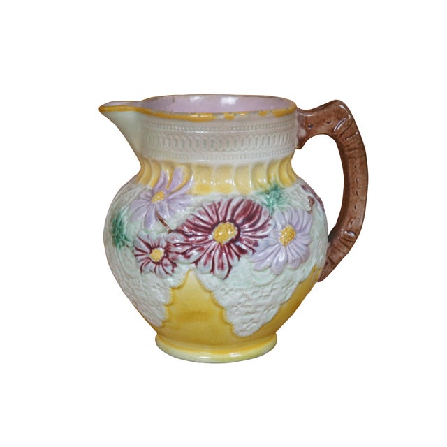 Victorian Antique Majolica Daisy Flowers & Lace Water Pitcher Jug Carafe For Sale - Image 3 of 12