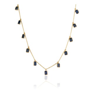 5.67ct Emerald-Cut Blue Sapphire Fringe Station Necklace in 14k Yellow Gold For Sale
