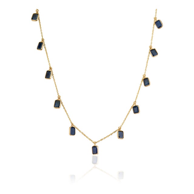 5.67ct Emerald-Cut Blue Sapphire Fringe Station Necklace in 14k Yellow Gold For Sale