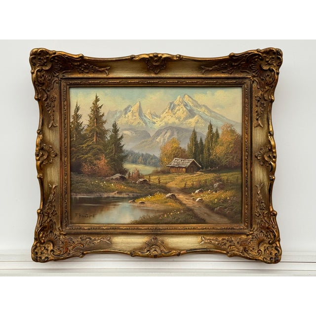 Goldenrod Alpine Mountain Hut Vintage Landscape Painting by 20th Century German Artist 1975 Circa For Sale - Image 8 of 18