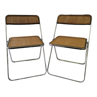 1970s Mid-Century Elios Italian Chrome and Cane Fold Chairs- a Pair For Sale