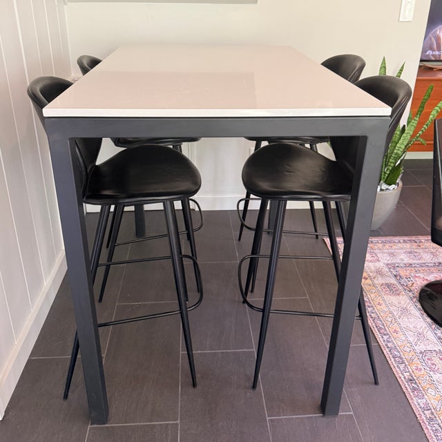Black Tall Room & Board Parsons Table With 4 Leather Room & Board Bar Stools For Sale - Image 8 of 13