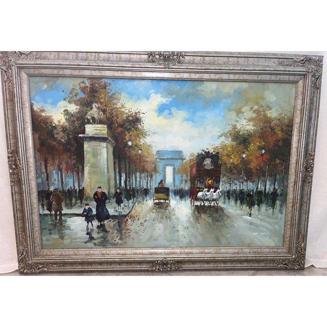 This large-scale Impressionist oil painting captures a bustling Parisian boulevard with elegantly dressed figures...