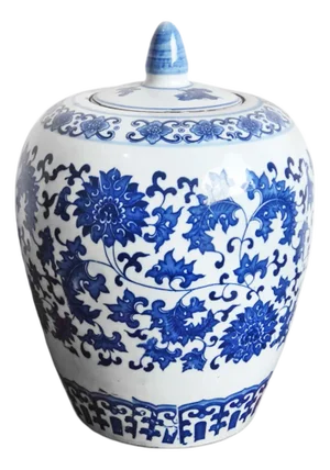 Vintage Chinese White & Blue Ceramic Urn W/Lid