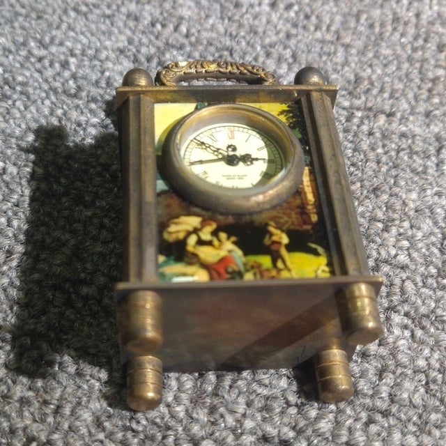 Brass Miniature Desk Clock With Flemish Art Scenic Dial For Sale - Image 4 of 8